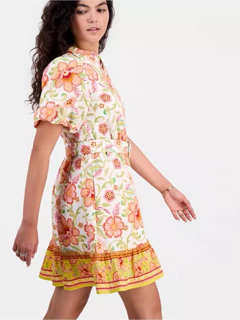 Sam Edelman White Floral Mini Dress with Yellow Border